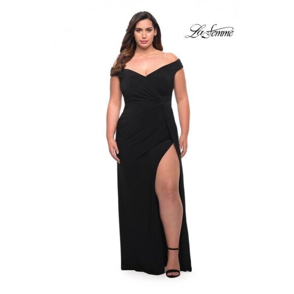 New La Femme Size 14 Black Jersey Off Shoulder Maxi Gown Cocktail Dress 29474 - Picture 1 of 11